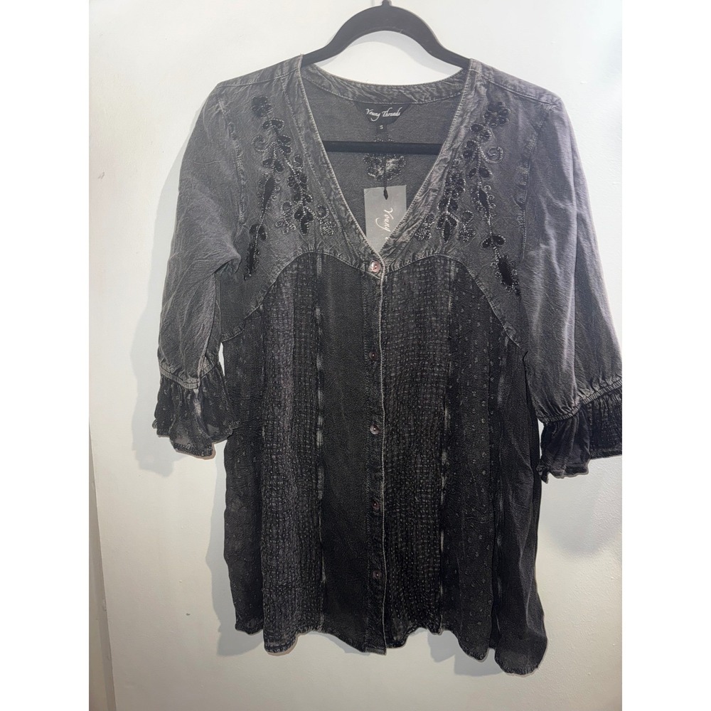 NWT Young Threads S Western Embellished Top Charcoal Grey Boho Tunic Sheer